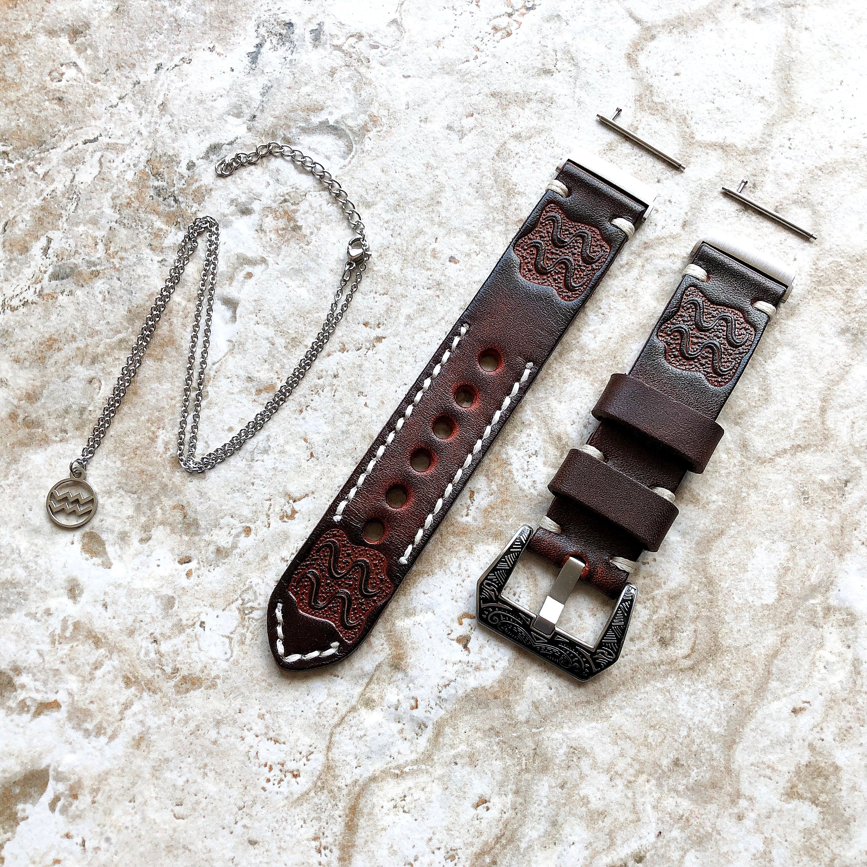 Fitbit Versa 2 3 4 Sense 2 Aquarius Zodiac Set Band Strap Brown Tooled Embossed Leather in Silver Rose Gold Black and 25" Pendants Necklace